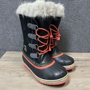 SOREL Snow Boots Women Sz 5 Waterproof Carnival Black Coral Faux Fur NY1858-011